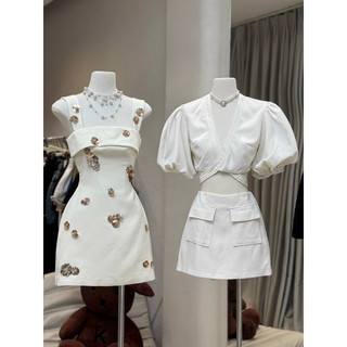 Set áo croptop cột eo tay bồng chân váy a cá tính