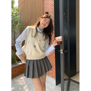 Áo Gile Len Nữ Cổ Tròn  Hoạ Tiết Thêu Nấm Freesize Phong Cách Hàn Quốc Trẻ Trung Năng Động, Áo Gile Len Nữ Không Tay