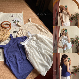 (Sẵn) Áo cổ yếm thô thêu crop nhiều màu mát mẻ mặc đi biển đi cafe