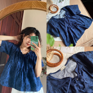 (Sẵn) Áo kiểu babydoll 3 tầng linen hoa xanh đen vải mát dày dặn sáng da Tender Night