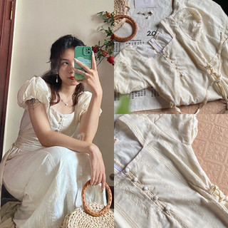 Đầm thô thêu cottagecore cổ vuông siết eo hai lớp mềm mát mặc đi biển chụp ảnh cưới