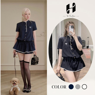 Set Váy Nữ Jumpsuit Cổ Tàu Phối Phối Ren Thêu Nơ Có Mút Vai, Bộ Đồ Nữ Tiểu Thư Áo Liền Quần Thời Trang Basic H-Store