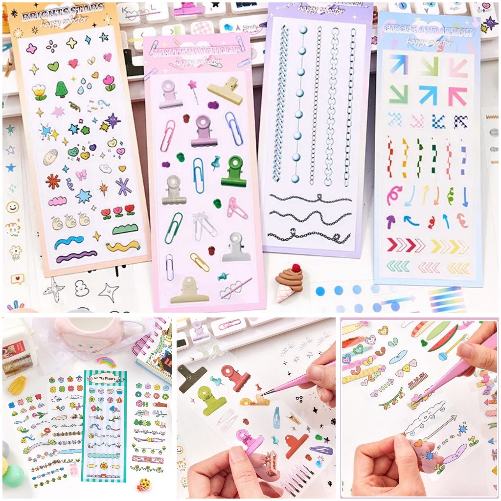 Sticker PET họa tiết dễ thương hình gáy sách, kẹp sách, hoa lá - Set 04 tấm