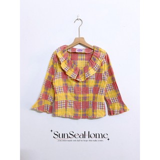 Áo sơmi kiểu cổ bèo tay loe kẻ caro đỏ cam vàng vintage secondhand