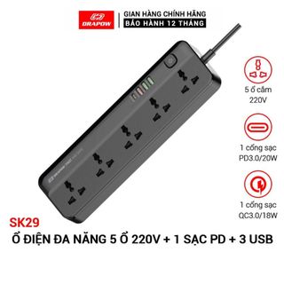 Ổ điện đa năng chính hãng Drapow SK28 SK29,5-10 ổ cắm điện 220v + 3 usb A + 1 Type C sạc nhanh 20W
