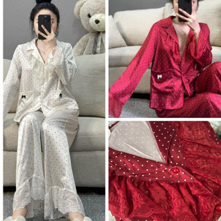 Đồ Bộ Mặc Nhà Cổ Bèo Ren Họa Tiết Chấm Bi Chất Lụa LATIN Thiết Kế Sang Đẹp Free Size 40-60kg