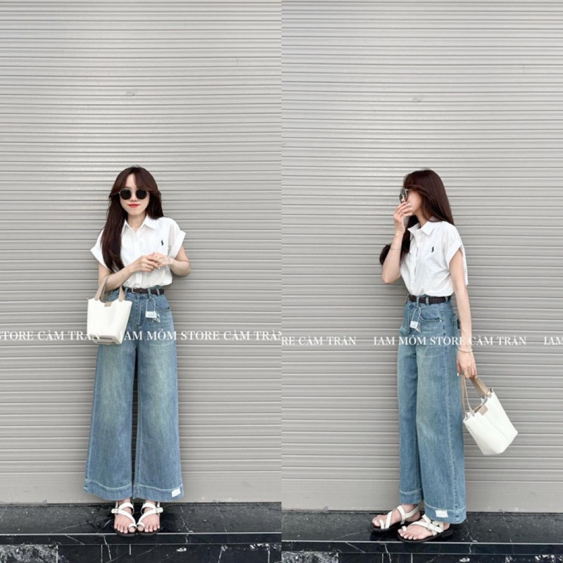 Quần jeans nữ ống rộng gấu to dáng dài thêu SML