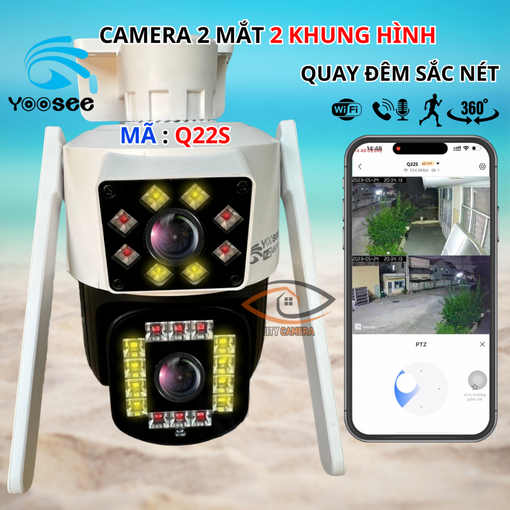Camera 2 Mắt Yoosee Q22S model nâng cấp, độ phân giải 4K, hỗ trợ quay ban đêm led chiếu xa