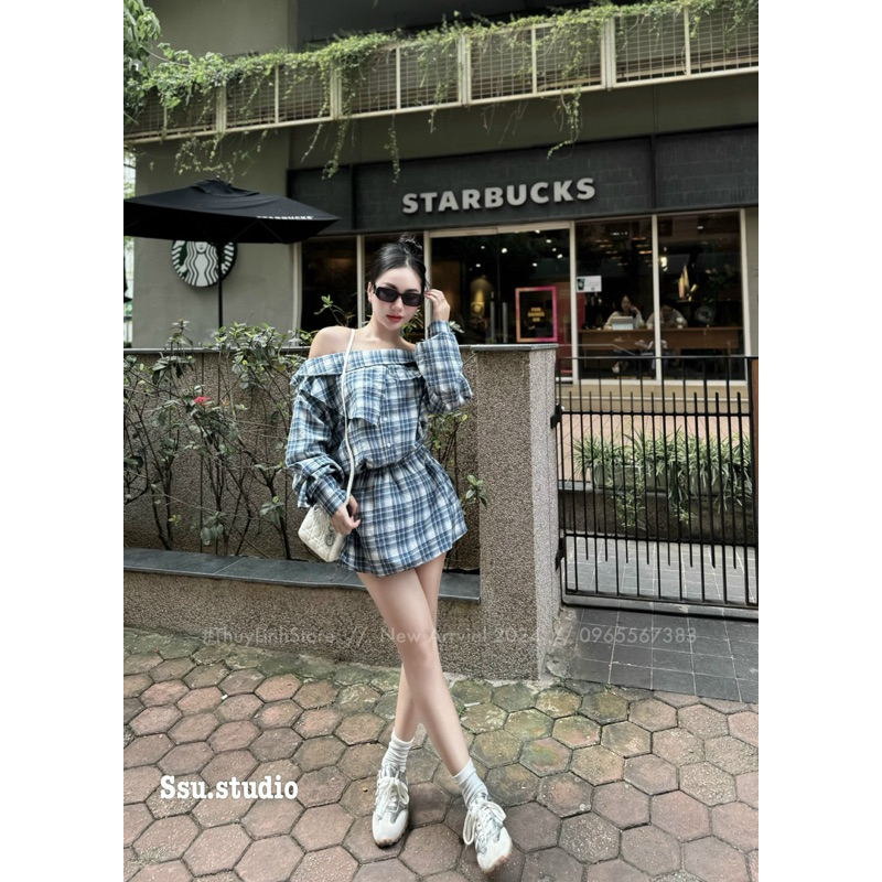 Váy Kẻ Lệch Vai Siêu Hot