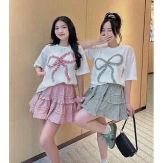 BP4- sét váy nữ, sét áo thun tăm dính nơ freesize, chân váy carro tầng bèo