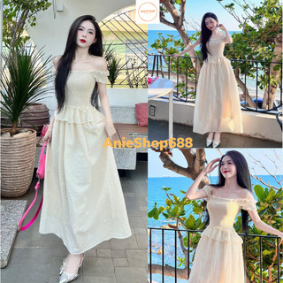 Đầm maxi trễ vai viền bèo dáng dài, váy maxi đi biển bo chun thân 2 Lớp Chất Liệu Tơ Xốp ANIESHOP688