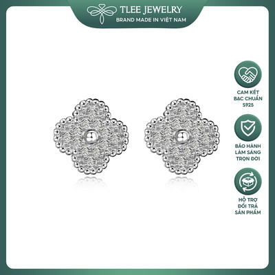 Khuyên tai bạc nữ TLEE cỏ bốn lá đính đá viền bo hạt sáng TLEE JEWELRY B0450