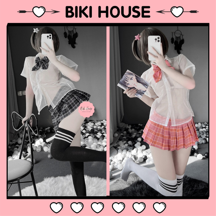 Cosplay học sinh Nhật Bản xuyên thấu gợi cảm cao cấp set ngủ nữ sinh sọc caro kèm nơ đáng yêu quyến rũ BIKI HOUSE N765