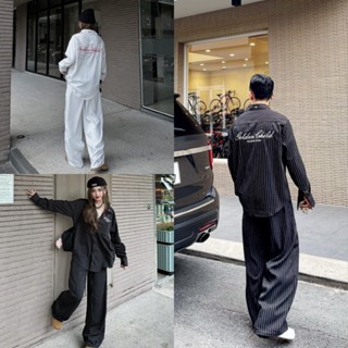 Áo sơ mi và quần kẻ sọc dài ống rộng FAFIC set bộ sơ mi hình thêu nổi GOLD