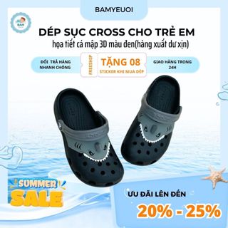  Dép sục Cross trẻ em họa tiết cá mập 3D màu đen xuất dư cho bé trai 