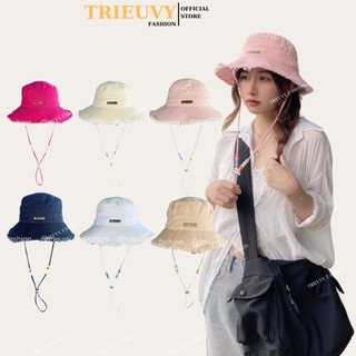Nón bucket rộng vành tua rua viền rách Jacquemus gắn hạt màu, mũ tai bèo chống nắng thoáng mát hottrend - TRIEUVY
