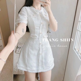 Đầm thời trang chất lenin nút bọc cổ tròn tay ngắn from váy chữ A phong cách sang trọng thích hợp đi tiệc