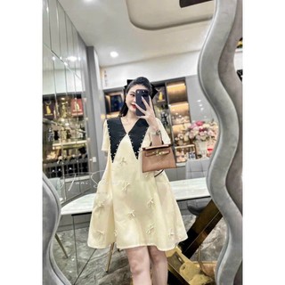 Đầm thời trang chất tuyết mưa tay ngắn cổ tin vạt nhọn from đầm xòe nhẹ đính nơ phong cách sang trọng