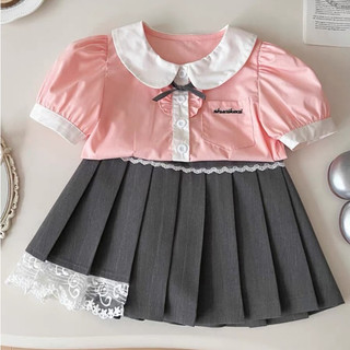 Set Đồ Bé Gái, Áo Sơ Mi Hồng Phối Chân Váy Kaki Xếp Ly Kèm Ren Phong Cách Hàn Quốc Cho Bé 10kg-30kg PINKYKIDS