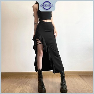  Chân váy chiến dài xẻ cao cột dây gợi cảm ozenka  chân váy midi chữ a lưng cao xẻ tà phối bèo màu đen mặc đi bar chơi 