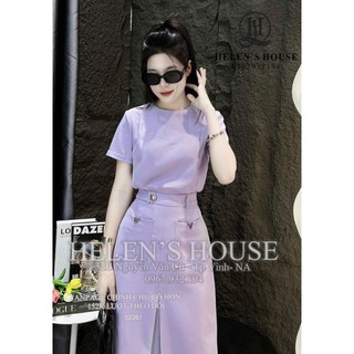 SET298-Set áo cổ tròn phối chân váy midi tím trắng