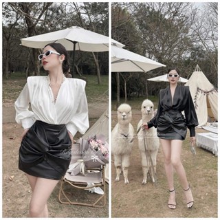 Set 2 món (có bán lẻ) Áo sơ mi độn vai, xếp ly ngực phối Chân váy da xoắn sang chảnh, hàng RDY