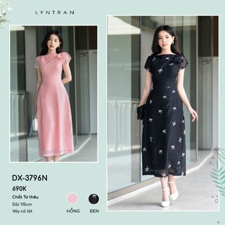 Váy dự tiệc nơ vai dáng midi xòe cổ leo ngắn tay đầm công sở LYNTRAN DX-3796N