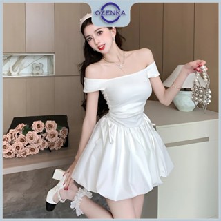 Váy bí trễ vai dự tiệc rút dây nhún eo gợi cảm sang chảnh nữ ozenka ,  đầm nữ bồng xòe hở vai gợi cảm trắng đen chất đẹp