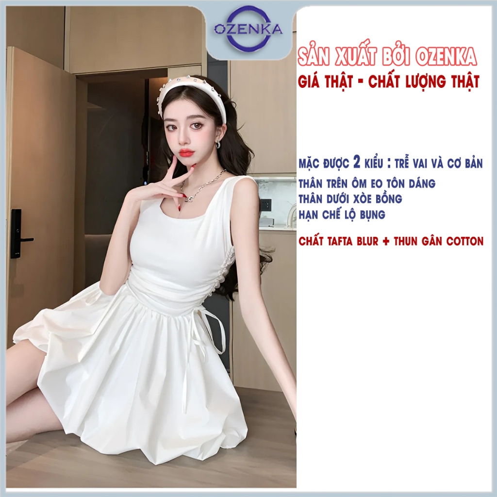 Váy bí trễ vai dự tiệc rút dây nhún eo gợi cảm sang chảnh nữ ozenka ,  đầm nữ bồng xòe hở vai gợi cảm trắng đen chất đẹp | BigBuy360 - bigbuy360.vn