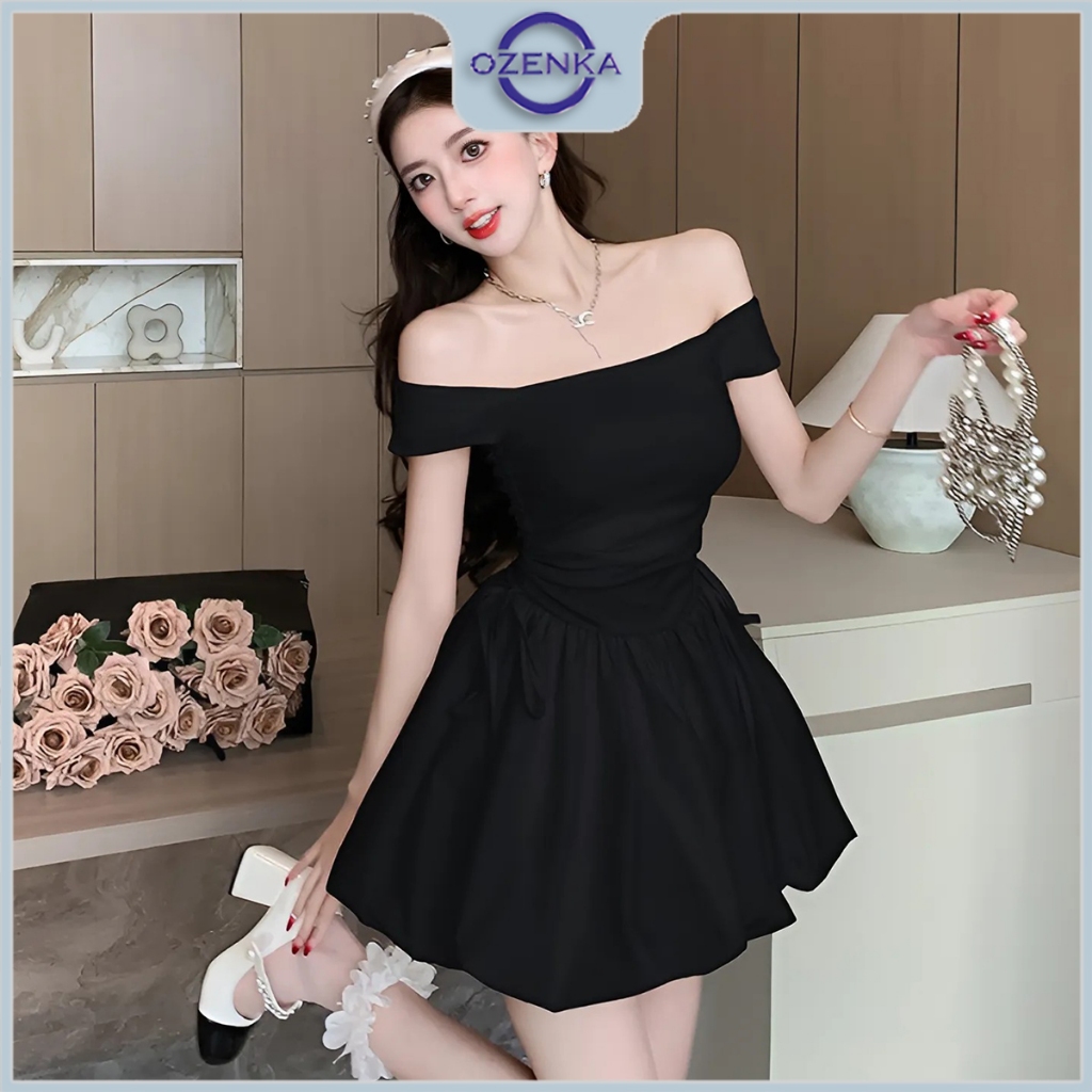 Váy bí trễ vai dự tiệc rút dây nhún eo gợi cảm sang chảnh nữ ozenka ,  đầm nữ bồng xòe hở vai gợi cảm trắng đen chất đẹp | BigBuy360 - bigbuy360.vn