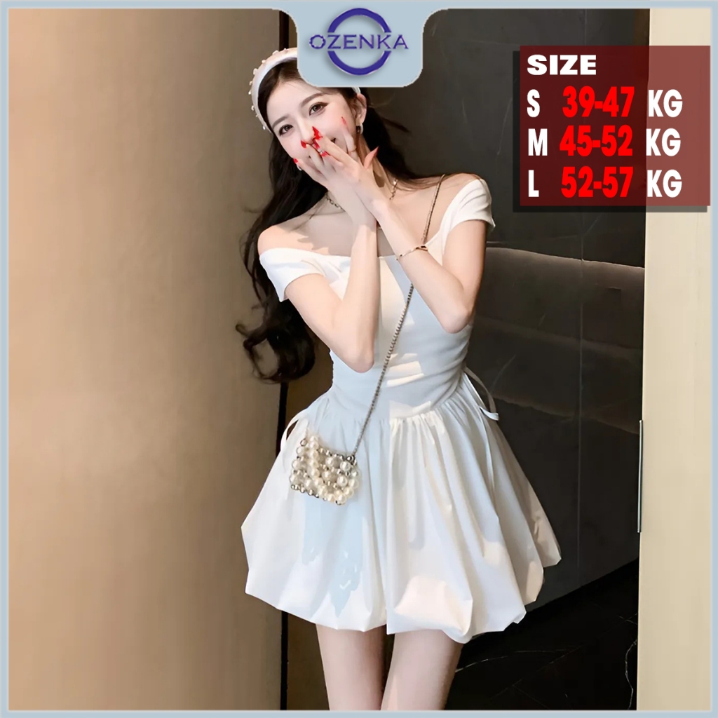 Váy bí trễ vai dự tiệc rút dây nhún eo gợi cảm sang chảnh nữ ozenka ,  đầm nữ bồng xòe hở vai gợi cảm trắng đen chất đẹp | BigBuy360 - bigbuy360.vn