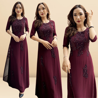 Áo dài mẹ trung niên màu rượu nho cổ tròn tay lửng áo dài bà sui che khuyết điểm sang trọng