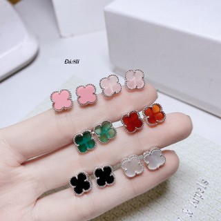 Bông tai nữ bạc bông 4 lá bạc thật đá đỏ hồng xanh trắng đen