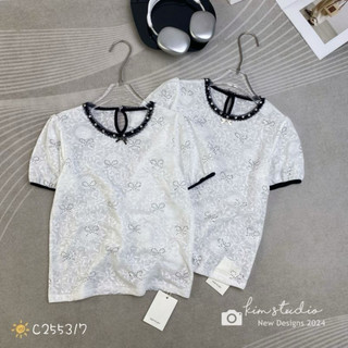Áo sơ mi ren nơ cổ ren đá qc c255317