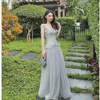 47 Đầm đi dự tiệc, váy dự tiệc dáng dài xòe dài 2 dây voan lưới đính hoa cut laze thiết kế công chúa bồng bềnh tiểu thư