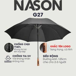Ô dù tán rộng che nắng mưa G27 NASON, khắc tên lên tay cầm gỗ, chống gió lật cấp 7, che 2 3 người