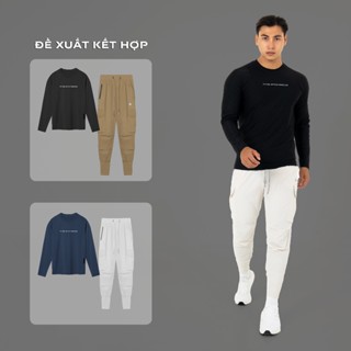 Bộ đồ tập gym boxing nam Fitme Men áo tay dài ôm body chống ma sát Đen, Quần jogger túi hộp co giãn cao cấp Stone