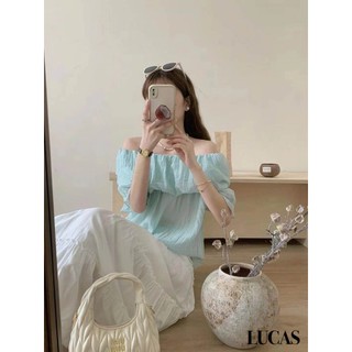 Áo sơ mi trễ vai viền lượn tay dài dáng suông basic