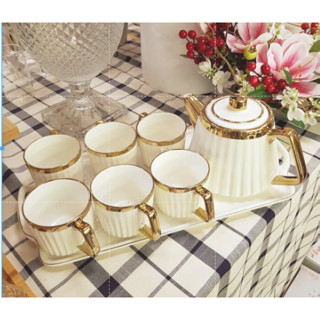  BỘ ẤM CHÉN KÈM KHAY SỨ PHA TRÀ CÀ PHÊ TRẮNG VIỀN VÀNG VÂN TĂM 