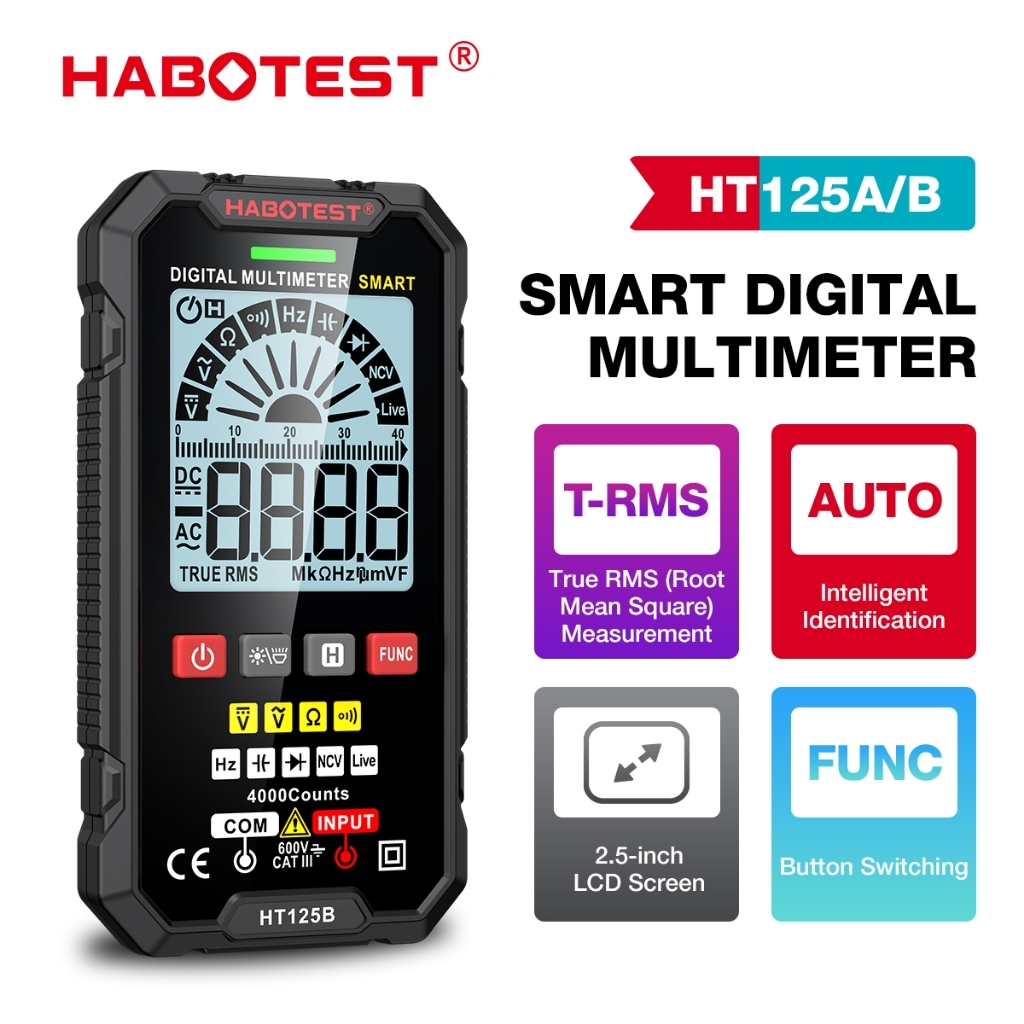 (Bảo hàng 1 năm)HABOTEST HT125A/B 600V Digital Professional Automatic Đo vạn năng Điện áp Điện dung Ohm Hertz Diod