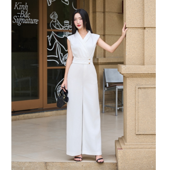 Bộ Jumpsuit thiết kế áo crotop cổ V tay hến phối quần dáng suông cách điệu chất tuyết mưa cao cấp YOONA - NH17S685