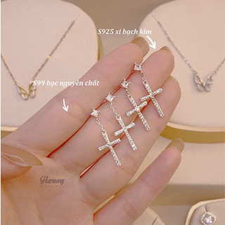 Khuyên tai nữ bạc 925 unisex mặt thánh giá chữ thập đính đá bất đối xứng | HARMONY ACCESSORIES K114