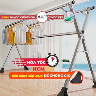Sào Phơi Quần Áo Có BÁNH XE Tặng 20 móc chống bay Loại Giàn, Giá INOX Gấp Gọn, Treo Đồ Thông Minh Dạng Cây