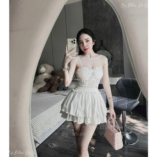 Set áo hai dây ren cúp ngực phối nơ kèm chân váy xòe tầng viền bèo dáng ngắn phong cách tiếu thư sang chảnh