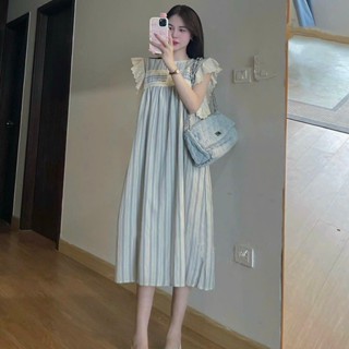 Đầm Bầu Váy Bầu Mùa Hè Cánh Tiên Dáng Xuông Kẻ Sọc Phối Ren Phong Cách Nữ Tính Mặc Đi Chơi Dự Tiệc