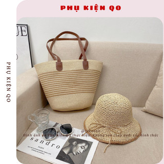 Combo túi+mũ cói đi biển mũ móc nơ cói dễ thương CB09