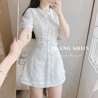 Đầm thiết kế mặc đi tiệc chất lennin cao cấp chuẩn shop cổ tròn tay ngắn phối viền nút châu có khóa kéo xịn xò