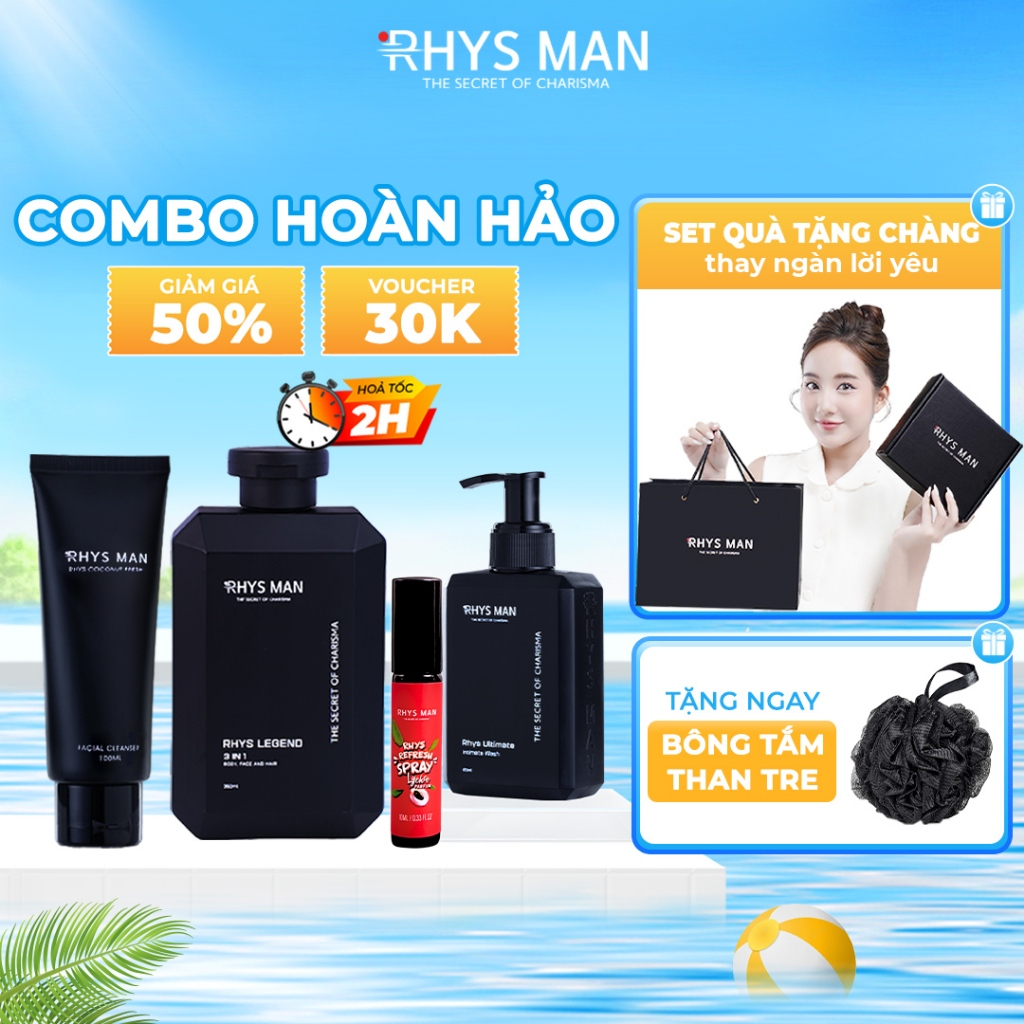 Combo Sữa tắm gội 3in1 350ml, Sữa rửa mặt 100ml, Dung dịch vệ sinh 120ml, Xịt thơm miệng RHYS MAN