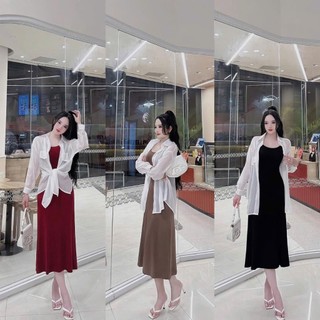 Váy body xòe kèm áo sơ mi voan lụa xẻ lưng khoác ngoài cực xinh cho nàng đi chơi dạo phố