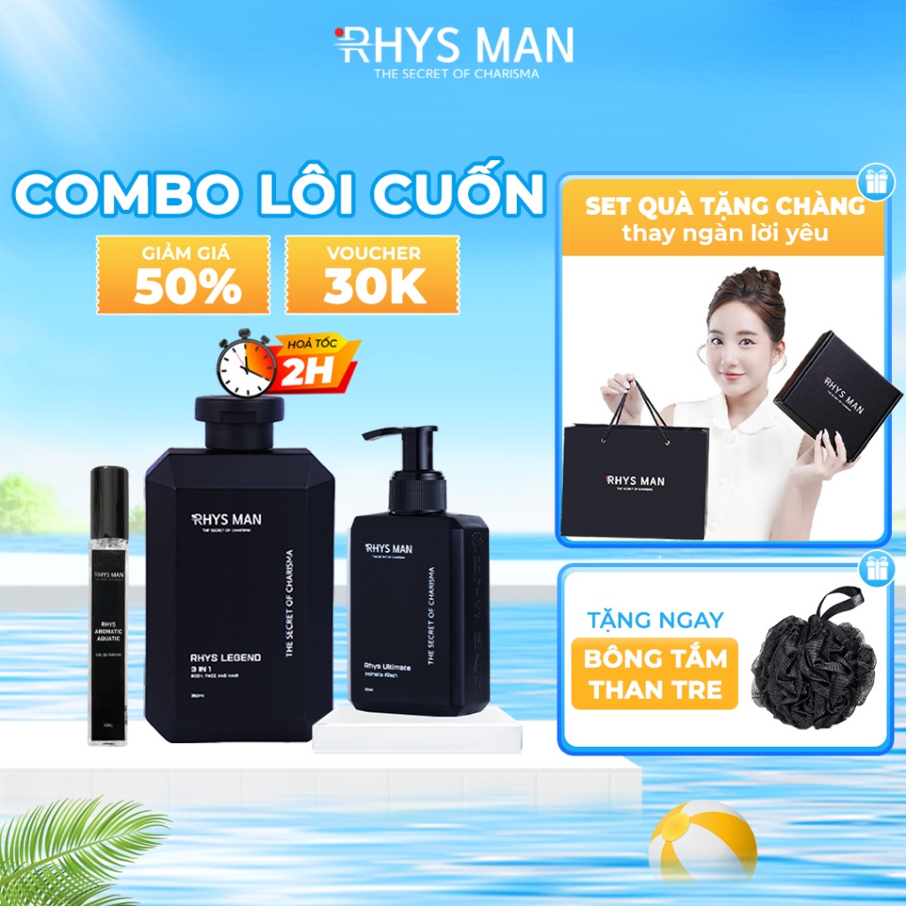 Bộ Quà Tặng - Sữa tắm gội 3in1 350ml, Dung dịch vệ sinh 120ml, Nước hoa nam 10ml RHYS MAN